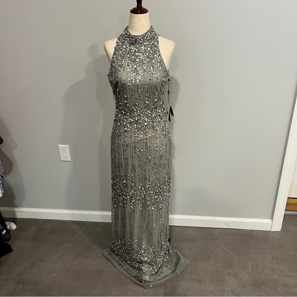 Adrianna Pappell Silver Sequined Halter Neck Evening Dress New with Tags 2 - Picture 2 of 10